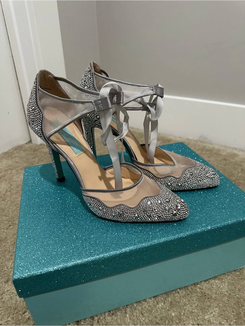 Betsey Johnson Silver Crystal-Embellished Pointed-Toe Lace-Up Heels